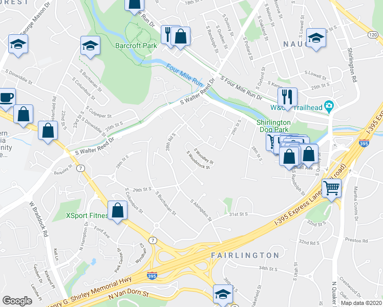 map of restaurants, bars, coffee shops, grocery stores, and more near 2925C South Woodstock Street in Arlington