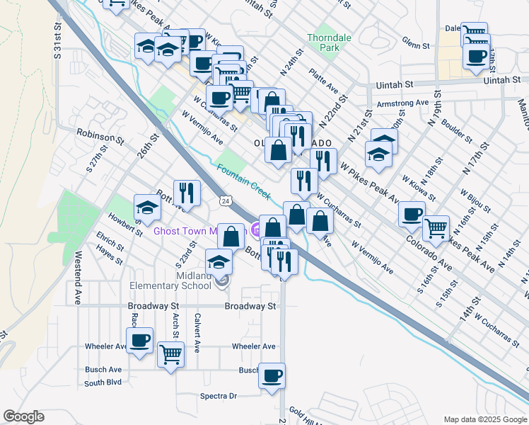 map of restaurants, bars, coffee shops, grocery stores, and more near 2130 Naegele Road in Colorado Springs