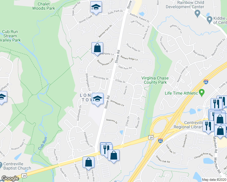 map of restaurants, bars, coffee shops, grocery stores, and more near 14645 Thera Way in Centreville