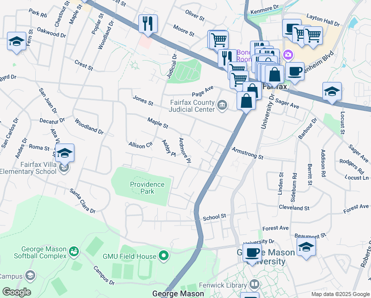 map of restaurants, bars, coffee shops, grocery stores, and more near 4214 Ardmore Place in Fairfax
