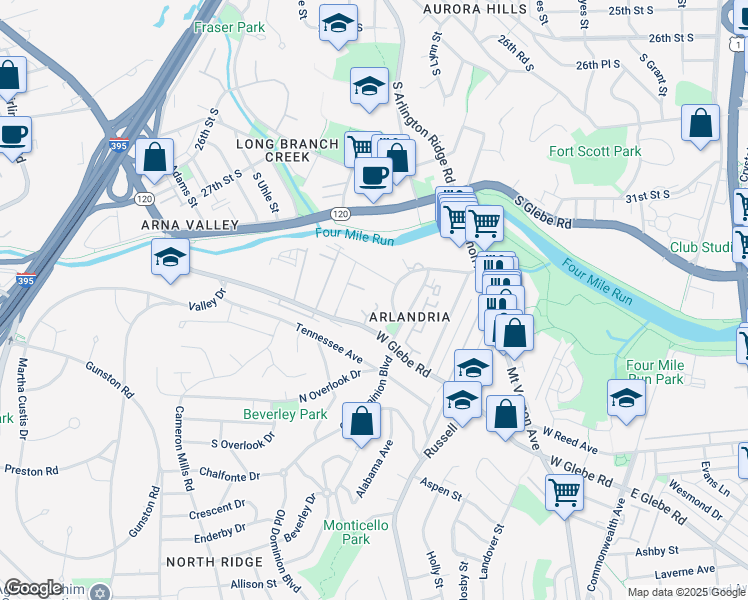 map of restaurants, bars, coffee shops, grocery stores, and more near 3848 Brighton Court in Alexandria