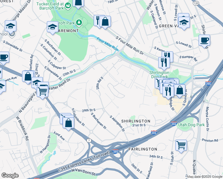 map of restaurants, bars, coffee shops, grocery stores, and more near 2923 South Woodstock Street in Arlington