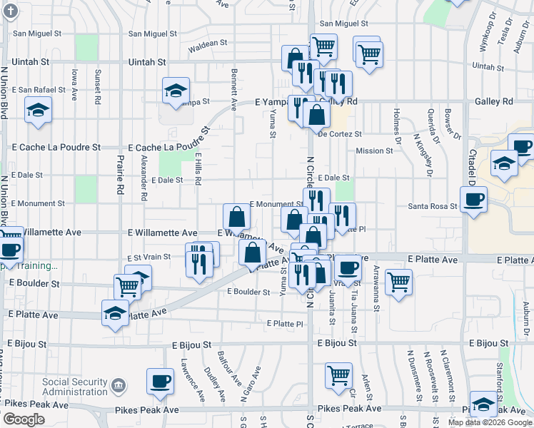 map of restaurants, bars, coffee shops, grocery stores, and more near 2706 East Monument Street in Colorado Springs