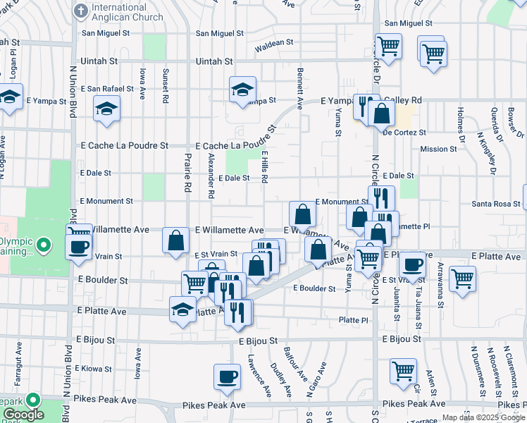 map of restaurants, bars, coffee shops, grocery stores, and more near 705 East Hills Road in Colorado Springs