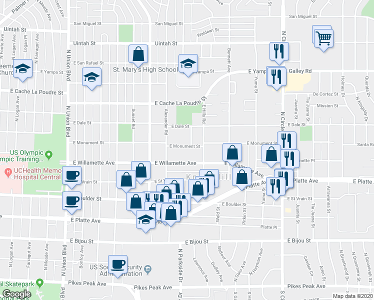map of restaurants, bars, coffee shops, grocery stores, and more near 704 Ralston Court in Colorado Springs