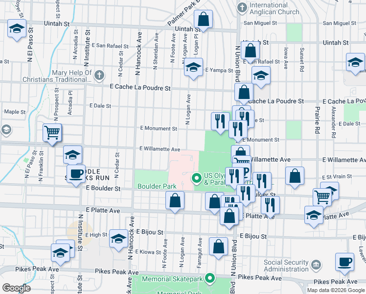 map of restaurants, bars, coffee shops, grocery stores, and more near 624 North Logan Avenue in Colorado Springs