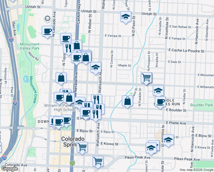 map of restaurants, bars, coffee shops, grocery stores, and more near 412 East Willamette Avenue in Colorado Springs