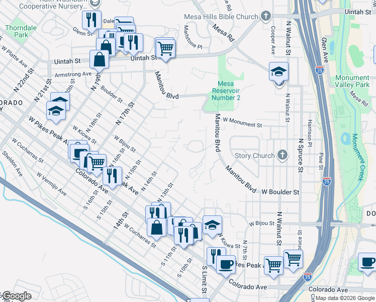 map of restaurants, bars, coffee shops, grocery stores, and more near 584 Observatory Drive in Colorado Springs