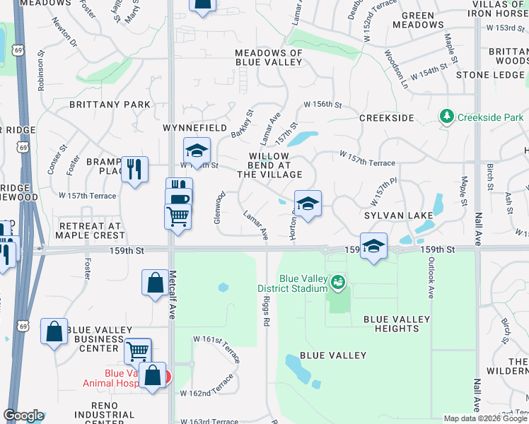 map of restaurants, bars, coffee shops, grocery stores, and more near 15804 Horton Court in Overland Park