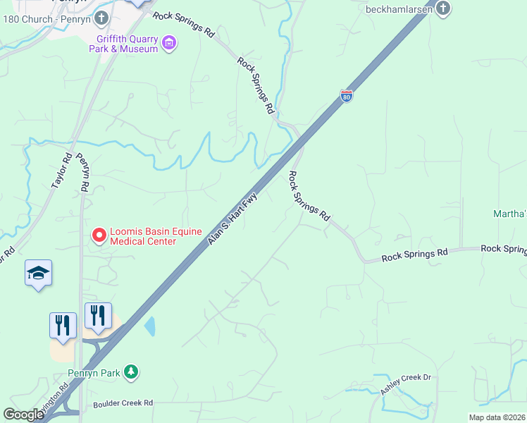 map of restaurants, bars, coffee shops, grocery stores, and more near 2929 12 Oaks Drive in Penryn