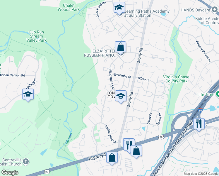 map of restaurants, bars, coffee shops, grocery stores, and more near 6068 Billingsgate Lane in Centreville