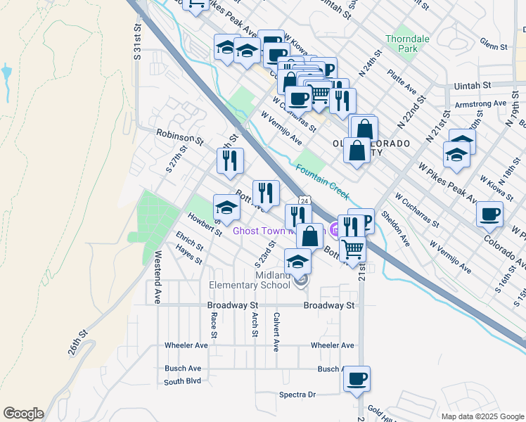 map of restaurants, bars, coffee shops, grocery stores, and more near 2221 Bott Avenue in Colorado Springs