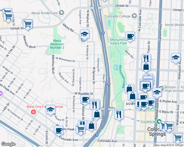 map of restaurants, bars, coffee shops, grocery stores, and more near 604 North Spruce Street in Colorado Springs