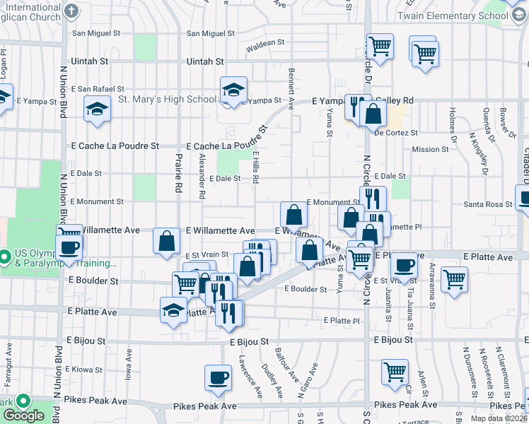 map of restaurants, bars, coffee shops, grocery stores, and more near 705 East Hills Road in Colorado Springs