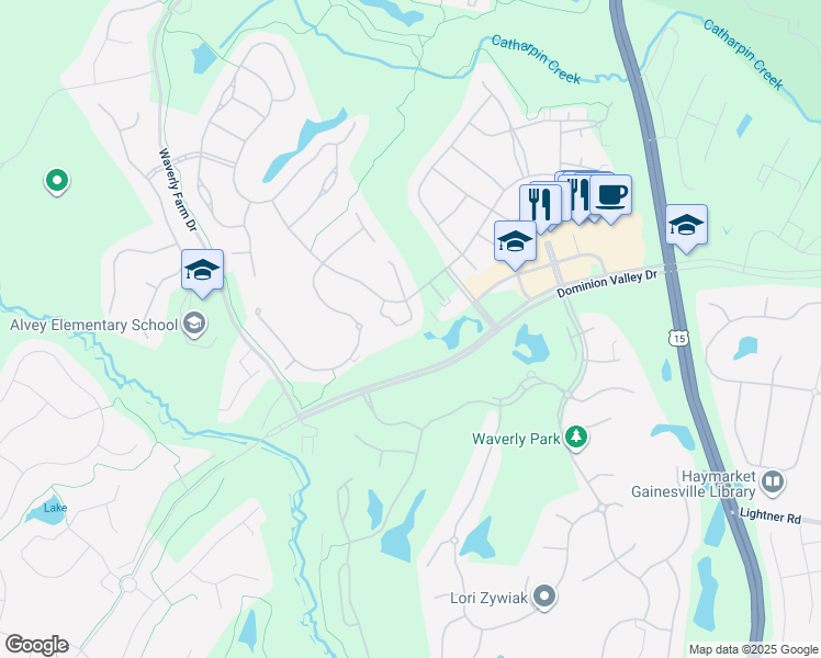 map of restaurants, bars, coffee shops, grocery stores, and more near 5509 Players Circle in Haymarket