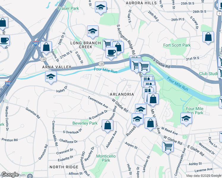 map of restaurants, bars, coffee shops, grocery stores, and more near 3848 Brighton Court in Alexandria