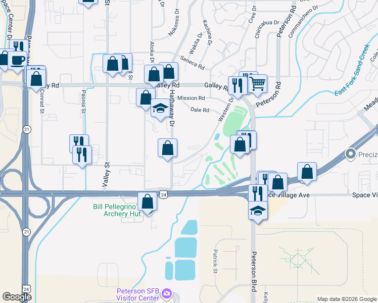 map of restaurants, bars, coffee shops, grocery stores, and more near 742 Western Drive in Colorado Springs