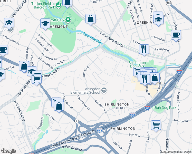 map of restaurants, bars, coffee shops, grocery stores, and more near 2911 South Woodstock Street in Arlington