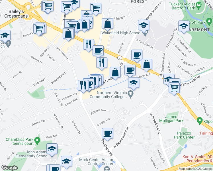 map of restaurants, bars, coffee shops, grocery stores, and more near 3713 South George Mason Drive in Falls Church