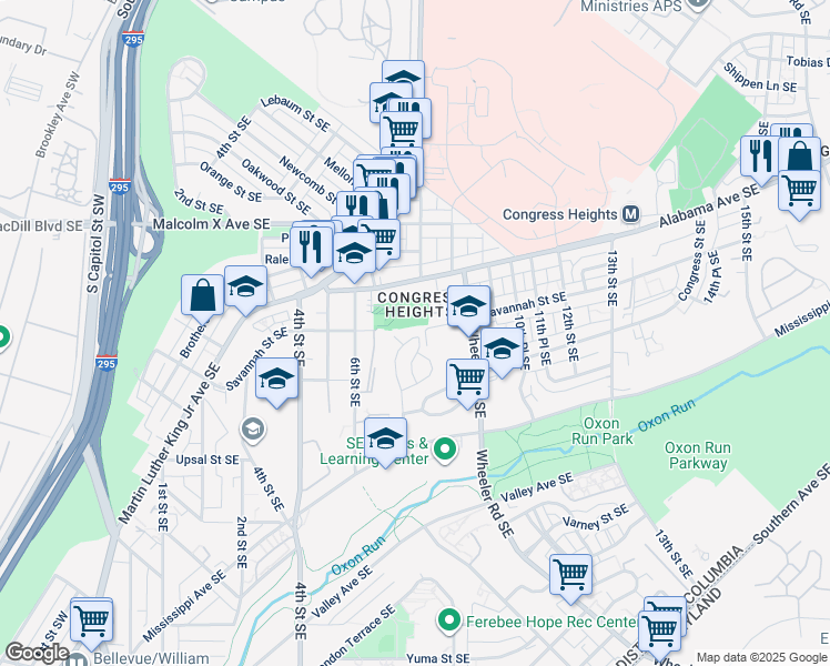 map of restaurants, bars, coffee shops, grocery stores, and more near 3303 7th Street Southeast in Washington