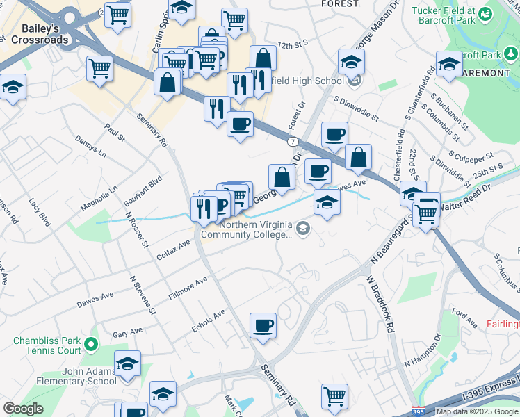 map of restaurants, bars, coffee shops, grocery stores, and more near 3713 South George Mason Drive in Falls Church