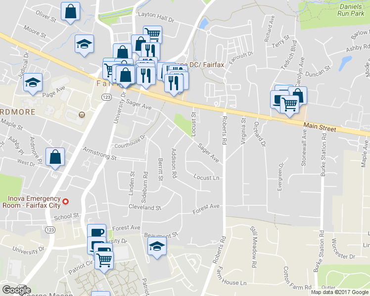 map of restaurants, bars, coffee shops, grocery stores, and more near 4106 Locust Lane in Fairfax