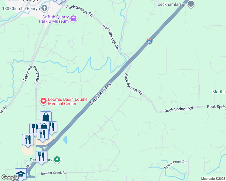 map of restaurants, bars, coffee shops, grocery stores, and more near 2929 12 Oaks Drive in Penryn