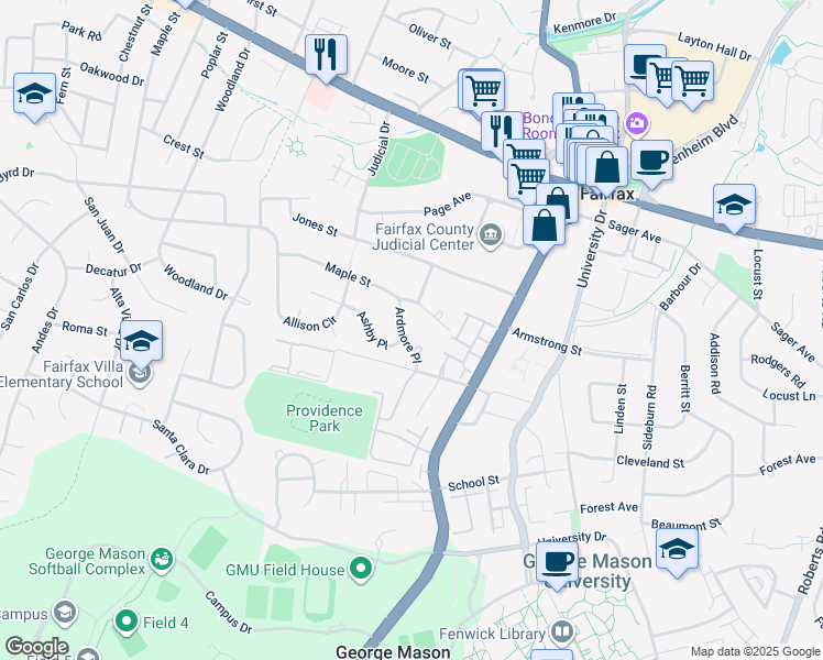map of restaurants, bars, coffee shops, grocery stores, and more near 4214 Ardmore Place in Fairfax