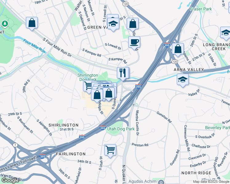 map of restaurants, bars, coffee shops, grocery stores, and more near 2727 South Quincy Street in Arlington