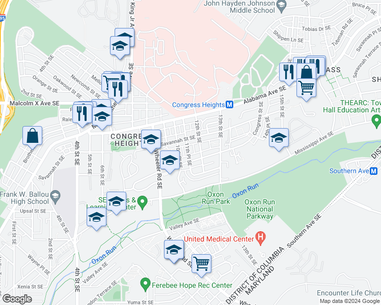 map of restaurants, bars, coffee shops, grocery stores, and more near 3320 11th Place Southeast in Washington