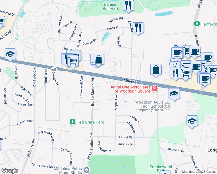 map of restaurants, bars, coffee shops, grocery stores, and more near 9817 Bolton Village Court in Fairfax