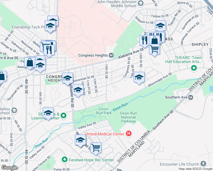 map of restaurants, bars, coffee shops, grocery stores, and more near 3400 13th Street Southeast in Washington