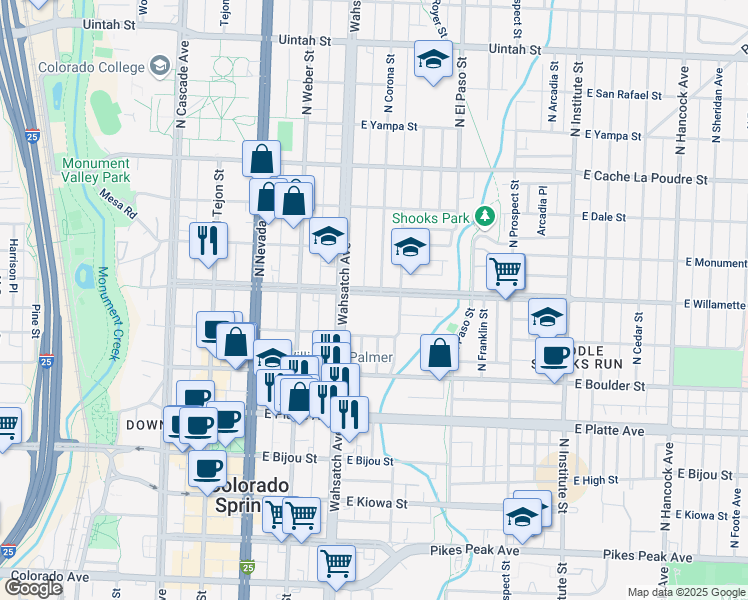 map of restaurants, bars, coffee shops, grocery stores, and more near 431 East Willamette Avenue in Colorado Springs