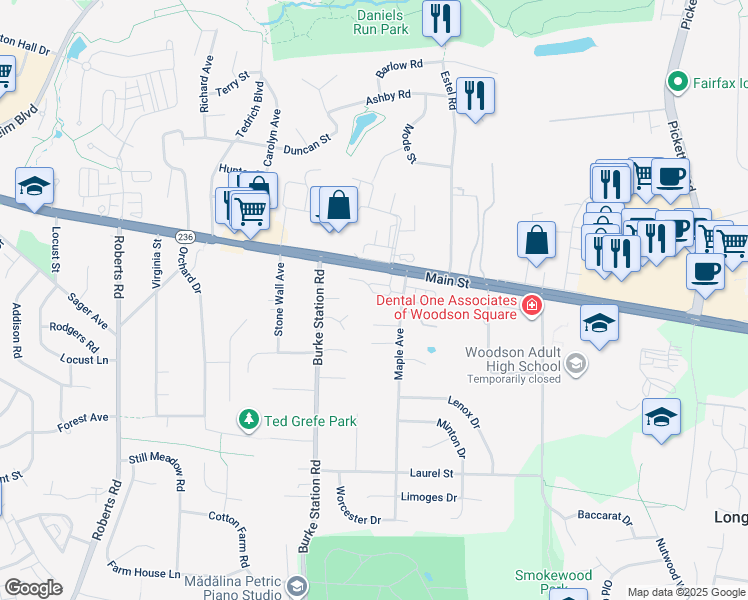 map of restaurants, bars, coffee shops, grocery stores, and more near 9817 Bolton Village Court in Fairfax