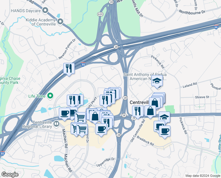 map of restaurants, bars, coffee shops, grocery stores, and more near 5801 Post Corners Trail in Centreville