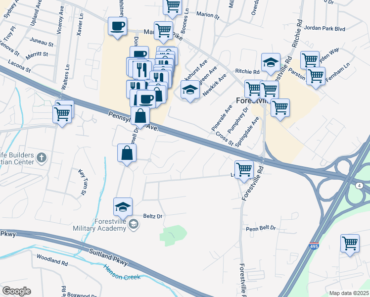 map of restaurants, bars, coffee shops, grocery stores, and more near 7260 Donnell Place in District Heights