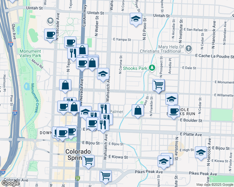 map of restaurants, bars, coffee shops, grocery stores, and more near 425 East Willamette Avenue in Colorado Springs