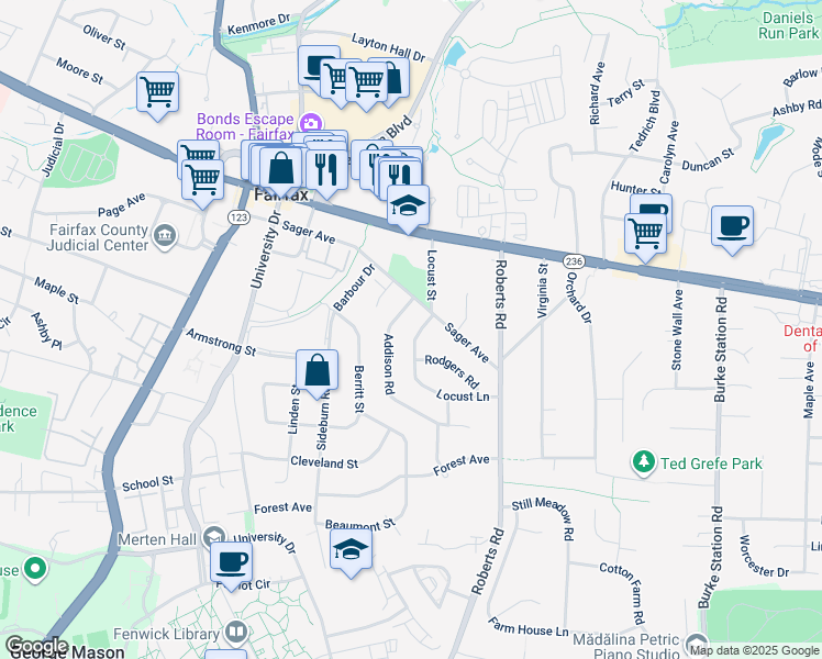 map of restaurants, bars, coffee shops, grocery stores, and more near 4106 Locust Lane in Fairfax