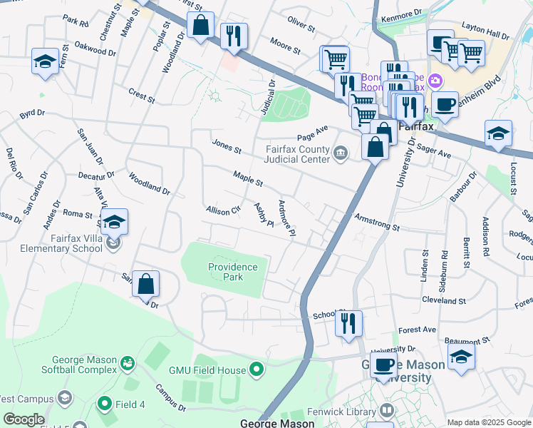 map of restaurants, bars, coffee shops, grocery stores, and more near 10630 Ashby Place in Fairfax
