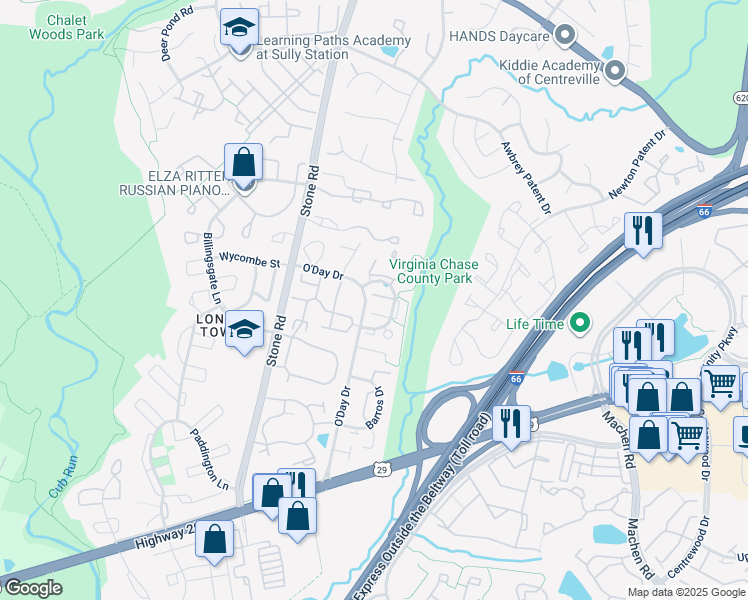 map of restaurants, bars, coffee shops, grocery stores, and more near 14515 Brookmoor Lane in Centreville