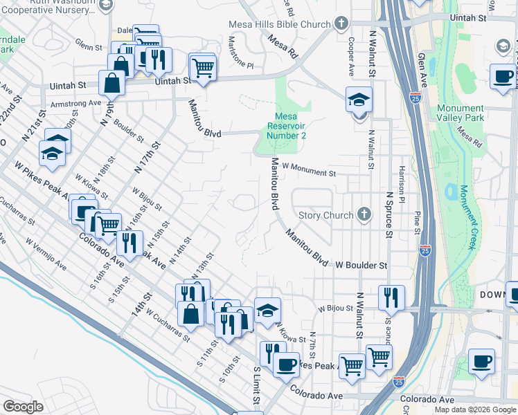 map of restaurants, bars, coffee shops, grocery stores, and more near 575 Observatory Drive in Colorado Springs