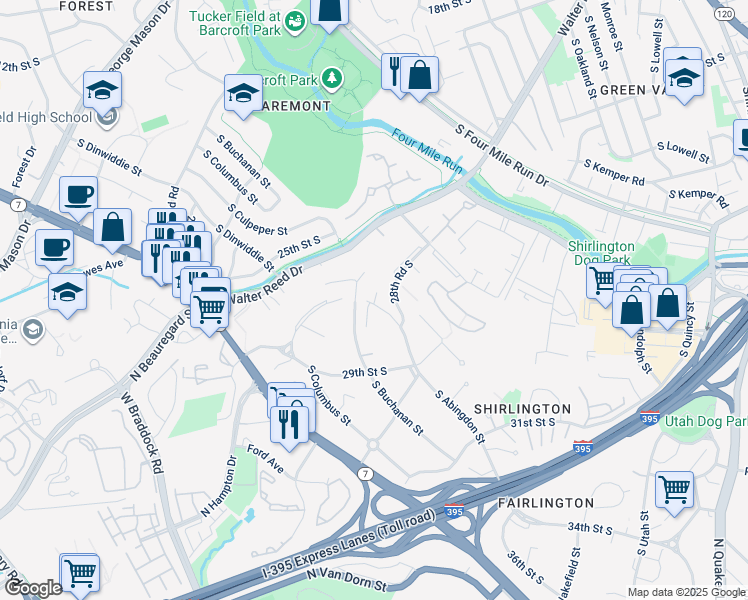 map of restaurants, bars, coffee shops, grocery stores, and more near 2809 South Abingdon Street in Arlington