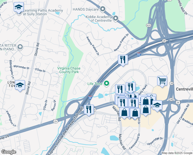 map of restaurants, bars, coffee shops, grocery stores, and more near 6006 Havener House Way in Centreville