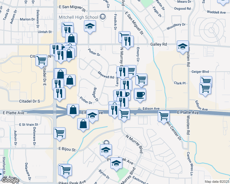 map of restaurants, bars, coffee shops, grocery stores, and more near 616 Lansing Drive in Colorado Springs