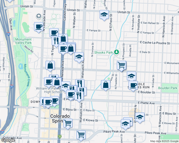 map of restaurants, bars, coffee shops, grocery stores, and more near 412 East Willamette Avenue in Colorado Springs