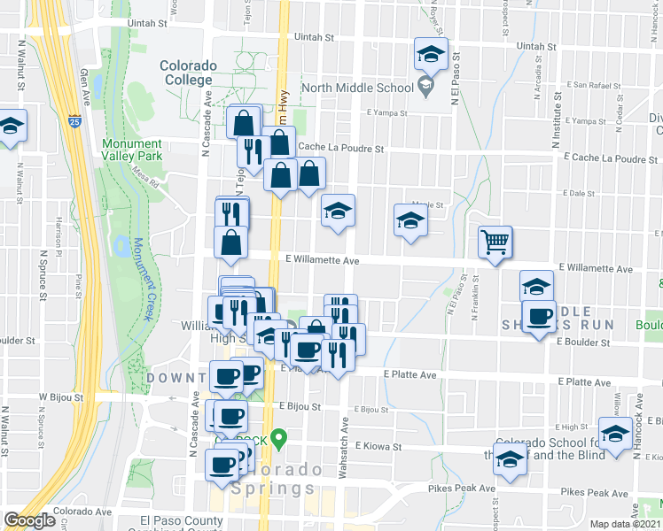 map of restaurants, bars, coffee shops, grocery stores, and more near 316 East Willamette Avenue in Colorado Springs