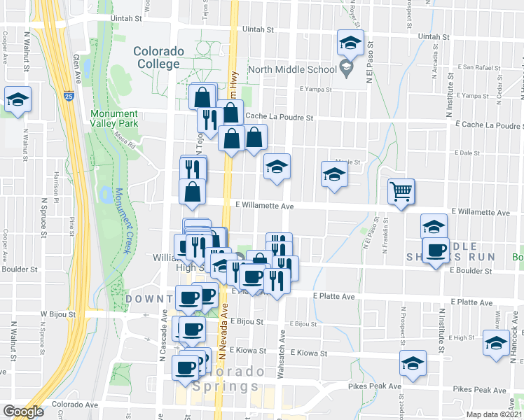 map of restaurants, bars, coffee shops, grocery stores, and more near 316 East Willamette Avenue in Colorado Springs