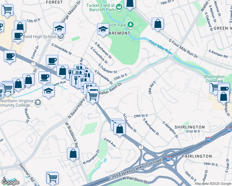 map of restaurants, bars, coffee shops, grocery stores, and more near 2631 South Walter Reed Drive in Arlington