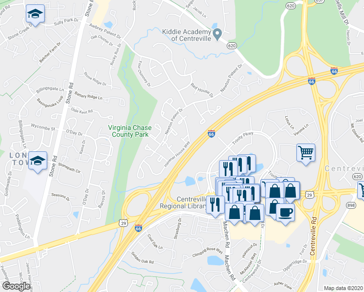 map of restaurants, bars, coffee shops, grocery stores, and more near 6006 Havener House Way in Centreville