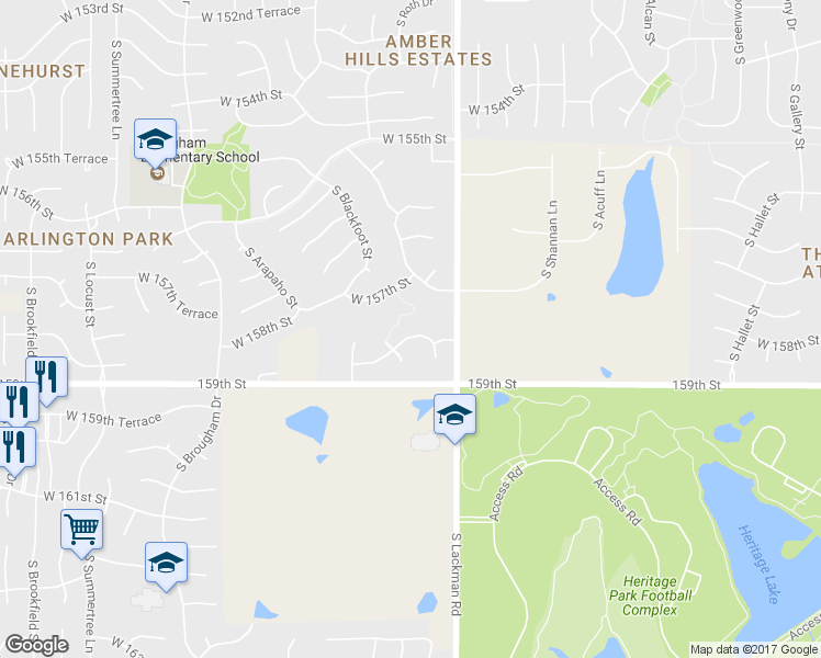 map of restaurants, bars, coffee shops, grocery stores, and more near 15133 West 157th Terrace in Olathe